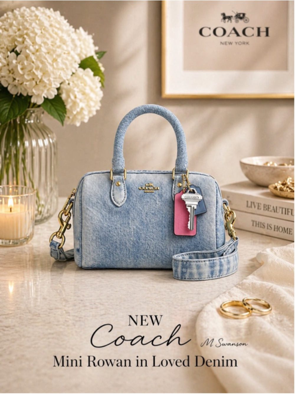 NEW Authentic Coach Mini Rowan Crossbody Bag In Loved Denim With Charms NWT